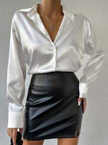 EURMUSE Solid Button Front Satin Shirt - White - View 1