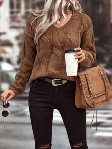 SHEIN LUNE 女款落肩扭紋針織毛衣 - 咖啡棕 - 查看 5