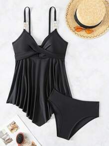 SHEIN Swim Bộ đồ bơi hai mảnh họa tiết chữ thập màu trơn mùa hè - màu đen - Xem 3