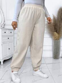 Calvaya Plus Size Solid Color Elastic Waist Ankle-length Pants - Apricot - View 5