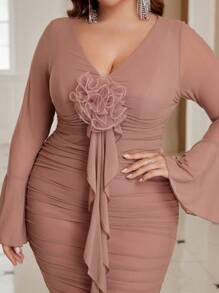 SHEIN Belle 3d Flower Pleated Dress Plus Size Dress - Dusty Pink - View 2