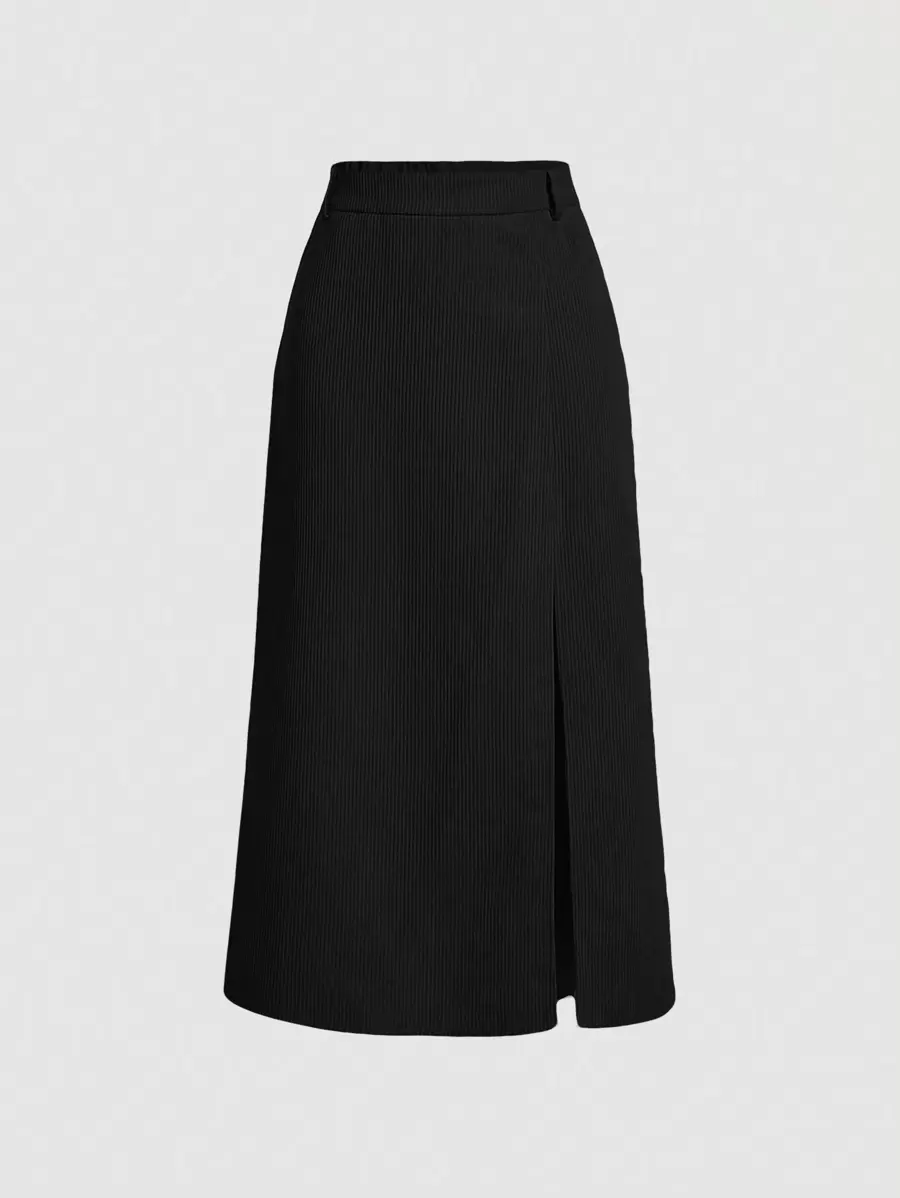 SHEIN MOD Women's Plain Ribbed Knit Slit Skirt - Black - View 1