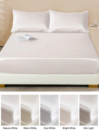 3pcs Polyester Sateen Fitted Sheet Set, Skin-Friendly Soft, Set Includes: 1pc Fitted Sheet With Elastic + 2pcs Pillowcases (No Inner Core)