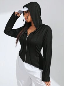 SHEIN EZwear Kích thước lớn Quý cô Dây kéo mặt trước áo có mũ Áo thun - màu đen - Xem 3