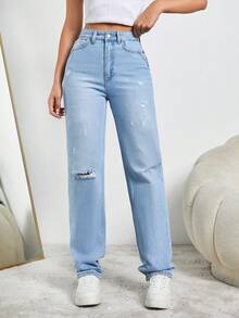 EURMUSE Damen Jeans Mit Geradem Bein Und Zerrissenem Stil, Mit Schrägen Taschen - Mittele Waschung - Übersicht 3