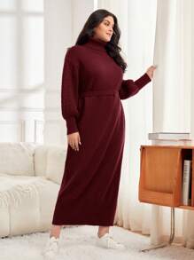 Mulvari Plus Size High Collar Lantern Sleeve Belted Sweater Dress - Burgundy - View 6