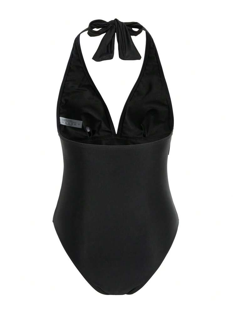 Flower Embroidered Halterneck One-Piece Swimsuit With Open Back Design Summer