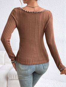 SHEIN Privé Của phụ nữ Kết cườm Trang trí Cổ vuông Sọc Áo thun - màu nâu - Xem 2