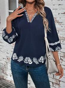 SHEIN LUNE Flower Embroidery Notch Collar Lantern Sleeve Blouse