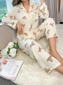 Ladies Bear Print Long Sleeve Top Long Pants Pajama Set - Apricot - View 3