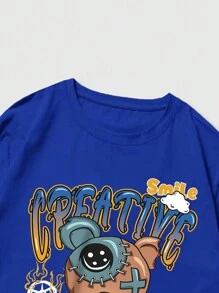 ROMWE MEN Street Life Camiseta de letras y osito para hombre - azul real - Ver 5