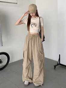 DAZY Women's Solid Color Drawstring Waist Wide-leg Pants