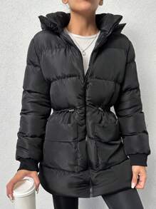 EURMUSE Women'S Drawstring Waist Hooded Padded Jacket - Black - View 6