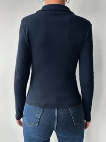 EURMUSE Zipper And Turn-down Collar Design Women's Long Sleeve Top - Navy Blue - View 2