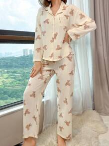 Ladies Bear Print Long Sleeve Top Long Pants Pajama Set - Apricot - View 6