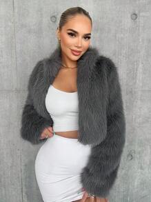 SHEIN Essnce 女士純色長毛絨外套 - 灰色 - 查看 1