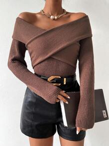 Chiquease Áo len nữ kiểu trễ vai, thắt chéo, thích hợp cho mùa thu đông. - màu nâu - Xem 1