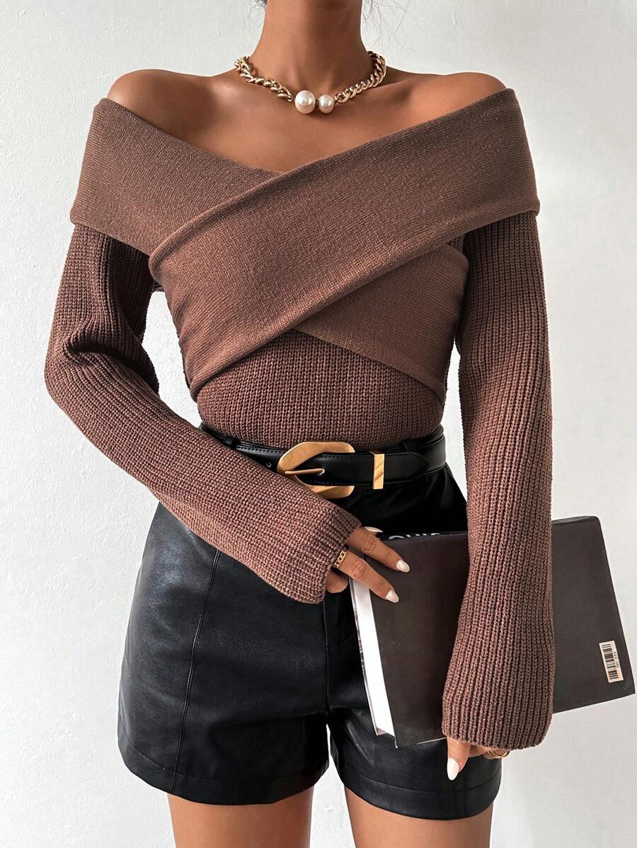 Chiquease Áo len nữ kiểu trễ vai, thắt chéo, thích hợp cho mùa thu đông. - màu nâu - Xem 1