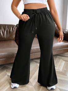 Flirla 大碼純色高腰喇叭褲連身褲,帶繫帶 - 黑色 - 查看 8