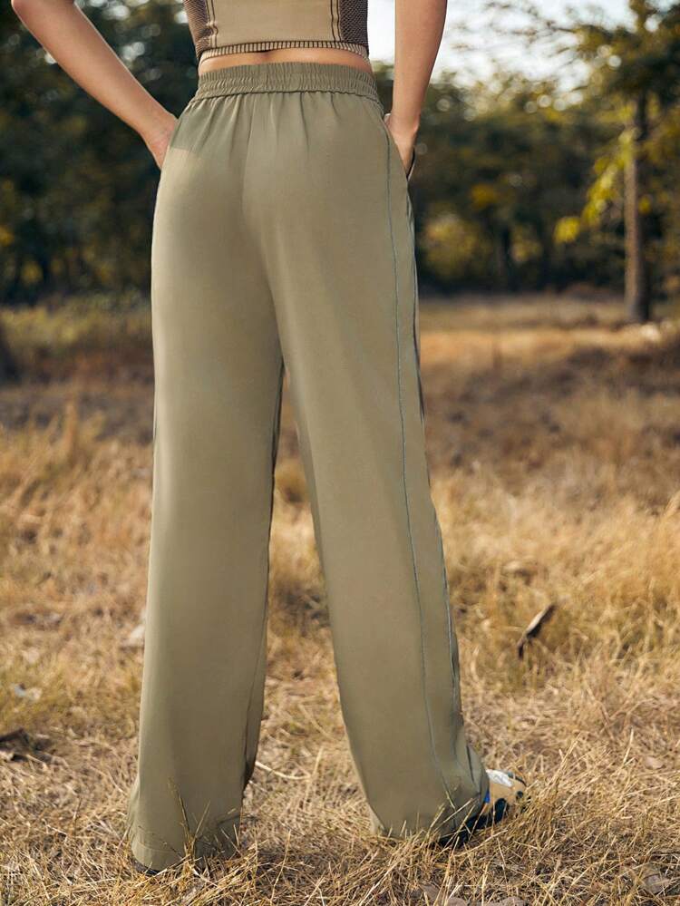 Women's Letter Printed Drawstring Waist Outdoor Wide Leg Pants