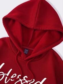 SHEIN LUNE Letter Print Hoodie With Kangaroo Pocket And Warm Lining - Red - View 3