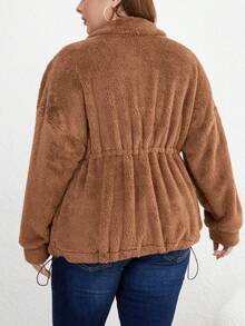 SHEIN LUNE Hơn Túi có nắp Eo dây rút Thả vai Flannelette Áo khoác - Cà phê nâu - Xem 2