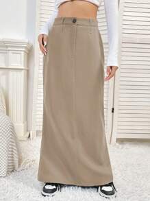 SHEIN Unity Quý cô Màu Khaki Đúng mốt Thêm dài Váy - Màu Khaki - Xem 4