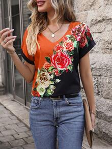 SHEIN LUNE Floral Pattern V-neck Batwing Sleeve Blouse - Orange - View 3