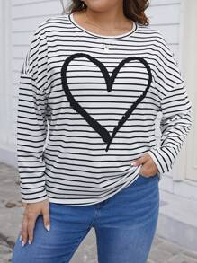 SHEIN LUNE Camiseta Con Estampado De Rayas Y Corazones De Talla Grande - Blanco y Negro - Ver 1