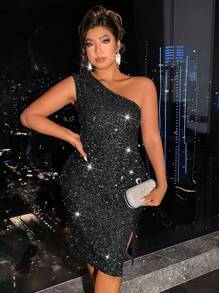 SHEIN Allurite Vestido De Talla Grande Con Cuello Asimétrico Y Abertura - Negro - Ver 1