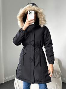 EURMUSE Women's Fleece Hodded And High Neck Padded Coat - Black - View 2