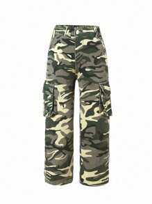 Calça Jeans Retas Cargo de Cintura Elástica Camuflagem Urbana de Rua Y2K para Jovens com Bolsos Lisos