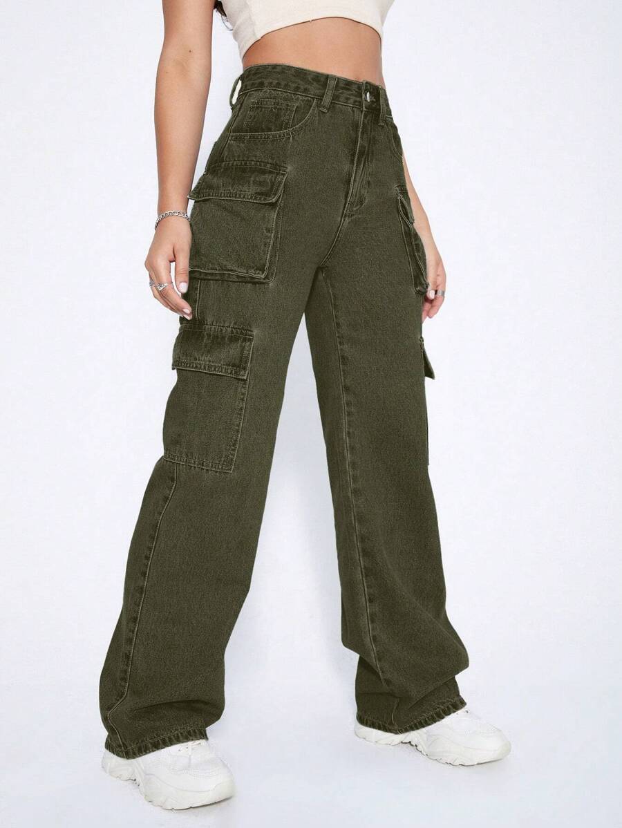 SHEIN ICON 女士粉色貨物口袋牛仔褲 - 軍綠色 - 查看 1