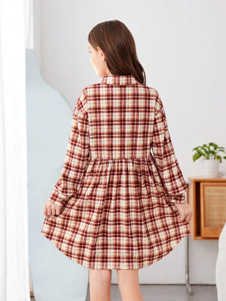 Girls' Woven Plaid Dress With Single Pocket And Loose Fit, Casual Shirt Dress Style