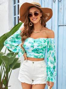 SHEIN VCAY Vacation Off Shoulder Women'S Top - Green - View 1
