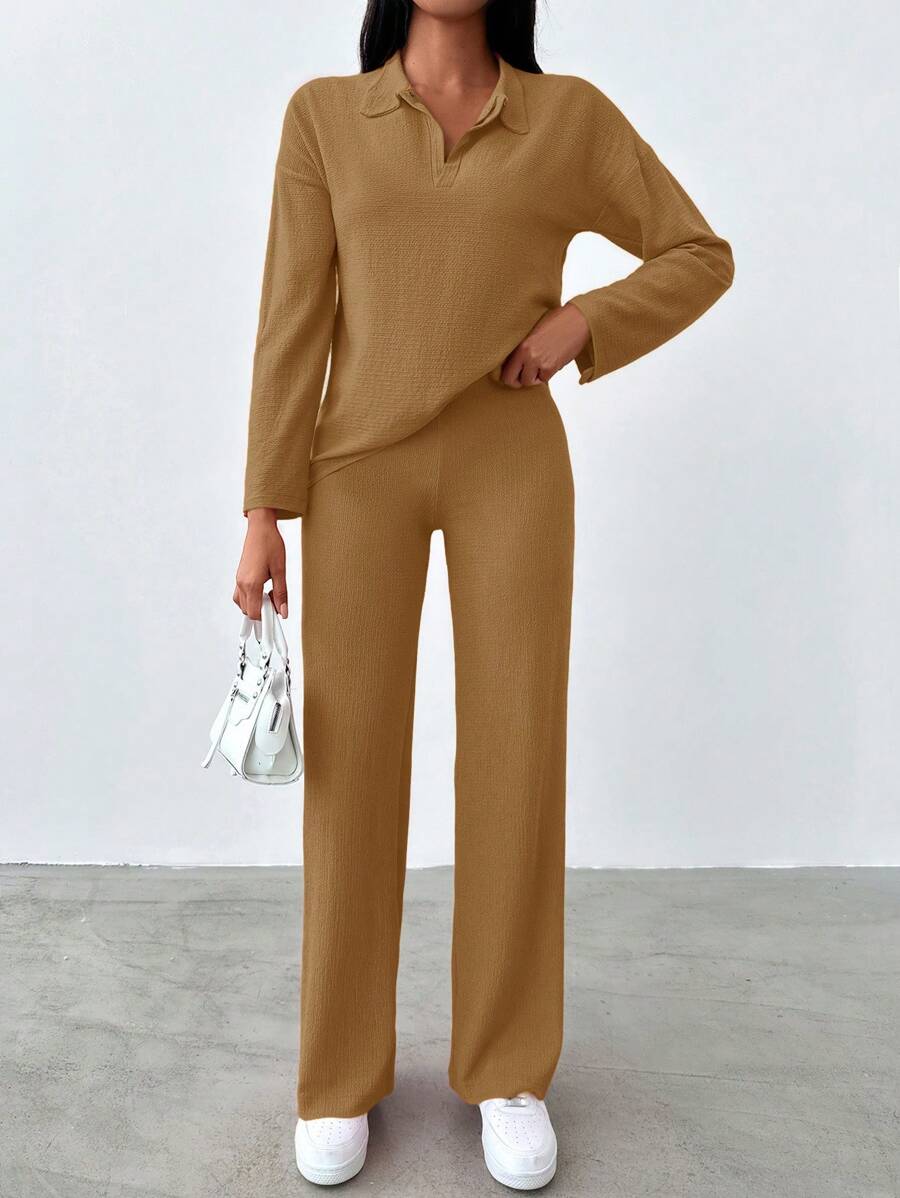 SHEIN Cottnline Women'S Turn-Down Collar Drop Shoulder Top And Pants Set - Camel - View 1