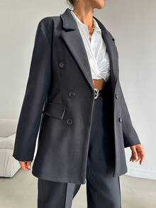 EURMUSE 女款純色雙排扣翻領西裝外套 - 黑與白 - 查看 3