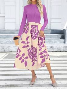SHEIN Privé 女性花卉印花a字裙 - 淡紫色 - 查看 5
