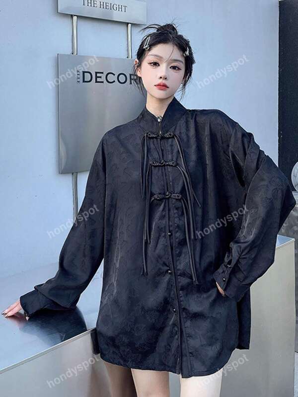 Women's Loose Fit Jacquard Oriental Style Buttoned Shirt For Casual Wear