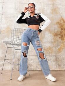 Phong cách đường phố Phù hợp thẳng Quần jean Distressed - Rửa nhẹ - Xem 3