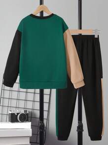 SHEIN Tween 男孩拼色圓領運動衫和運動褲套裝 - 彩色 - 查看 2