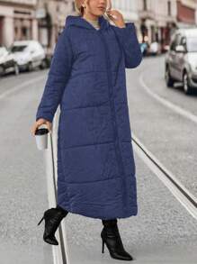 SHEIN LUNE 大码连帽长款加厚棉服外套冬季衣服带补丁 - 藏蓝色 - 查看 5