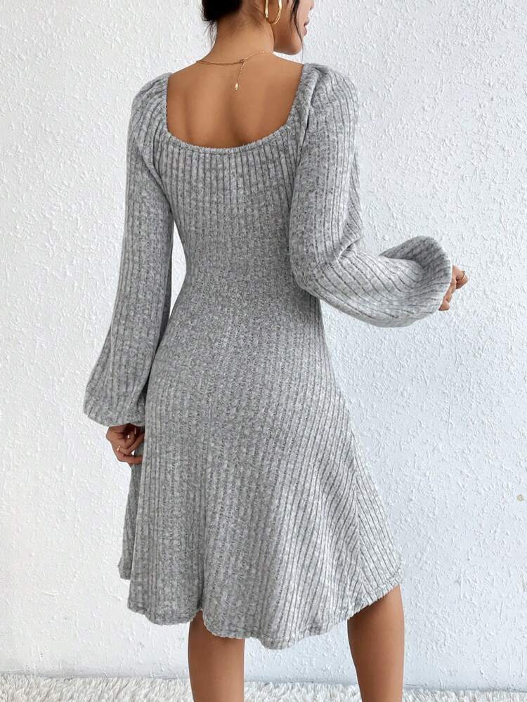 Women's Solid Color Ribbed Lantern Sleeve Dress