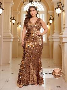 SHEIN Belle Váy dạ hội đính sequin cổ chữ V cỡ lớn thanh lịch, trang trọng, dự tiệc cưới, tốt nghiệp, váy dự tiệc tối - Rượu sâm banh - Xem 3