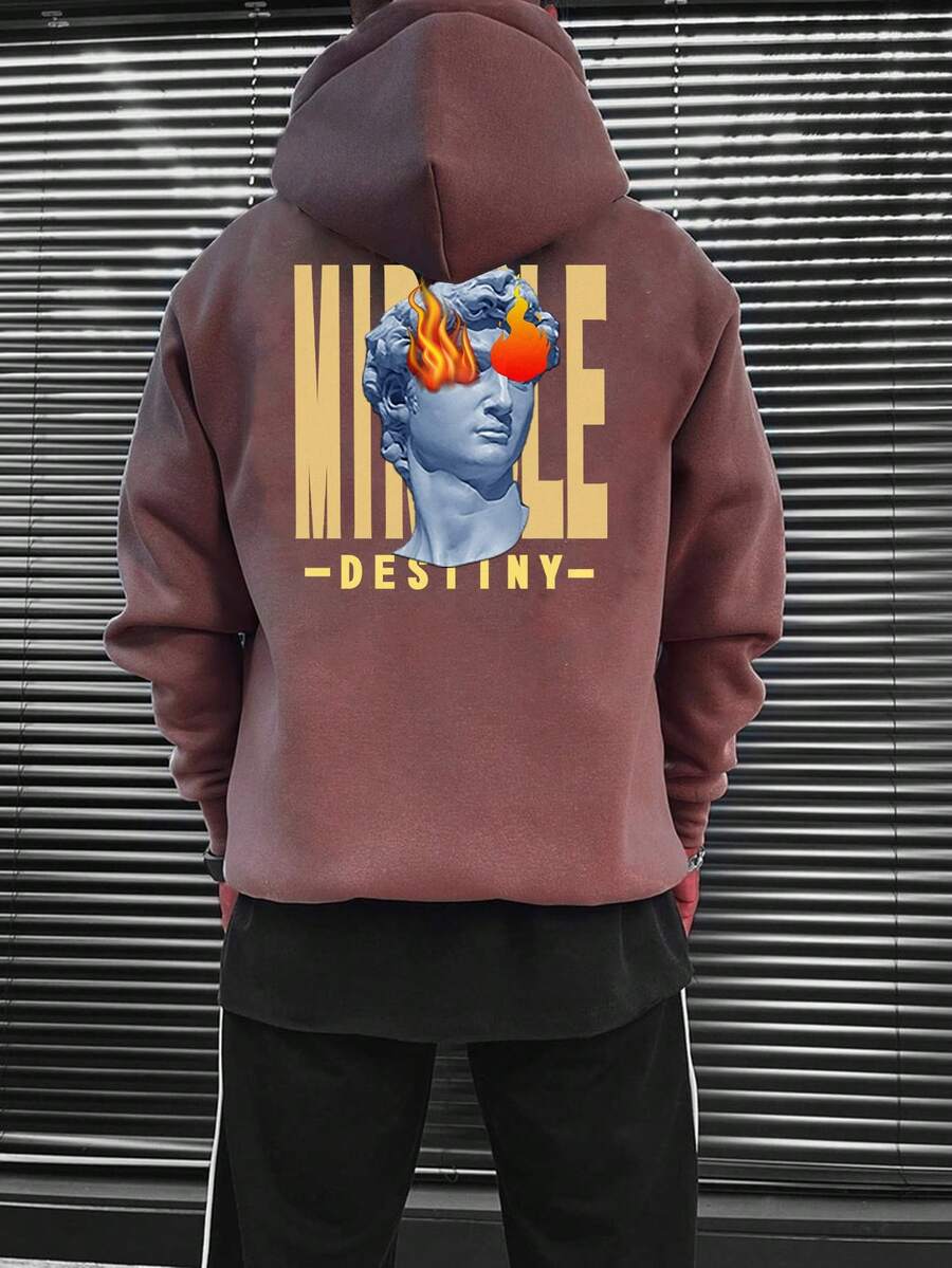 Manfinity EMRG 寬鬆男士連帽衫,裝飾有雕塑和字母印花 - 咖啡棕 - 查看 1