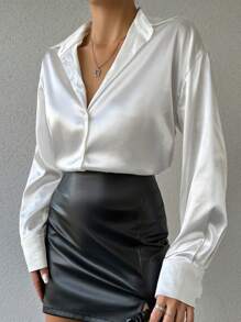 EURMUSE Solid Button Front Satin Shirt - White - View 3