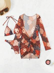 Women's Patchwork Printed Ruffle Bikini Set Summer Beach - Multicolor - View 1