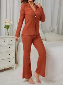 女款純色翻領扣環口袋羅紋針織休閒套裝 - 棕色 - 查看 3