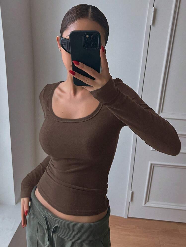 Women's Solid Color Slim Fit Fleece Long Sleeve T-Shirt,Fall Clothes,Thermal Lined