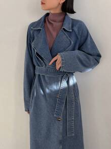 FRIFUL Women's Long Denim Jacket With Waist Belt